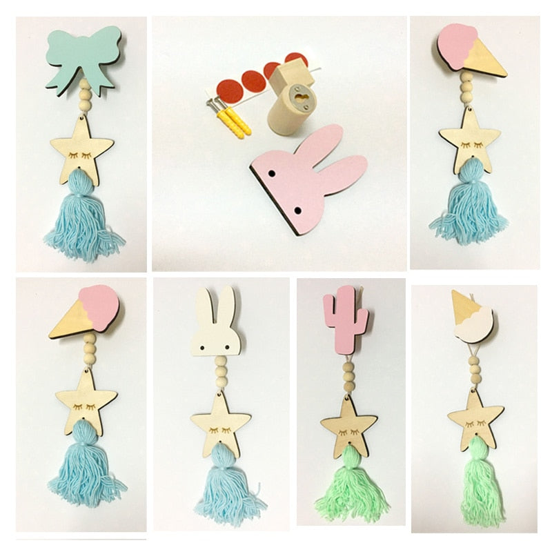 Nordic Kids Room Decorative Wall Hanging Clothing Hooks Wood Rabbit Cactus Children Wall Sticker ice cream Hanger Clothes Hook